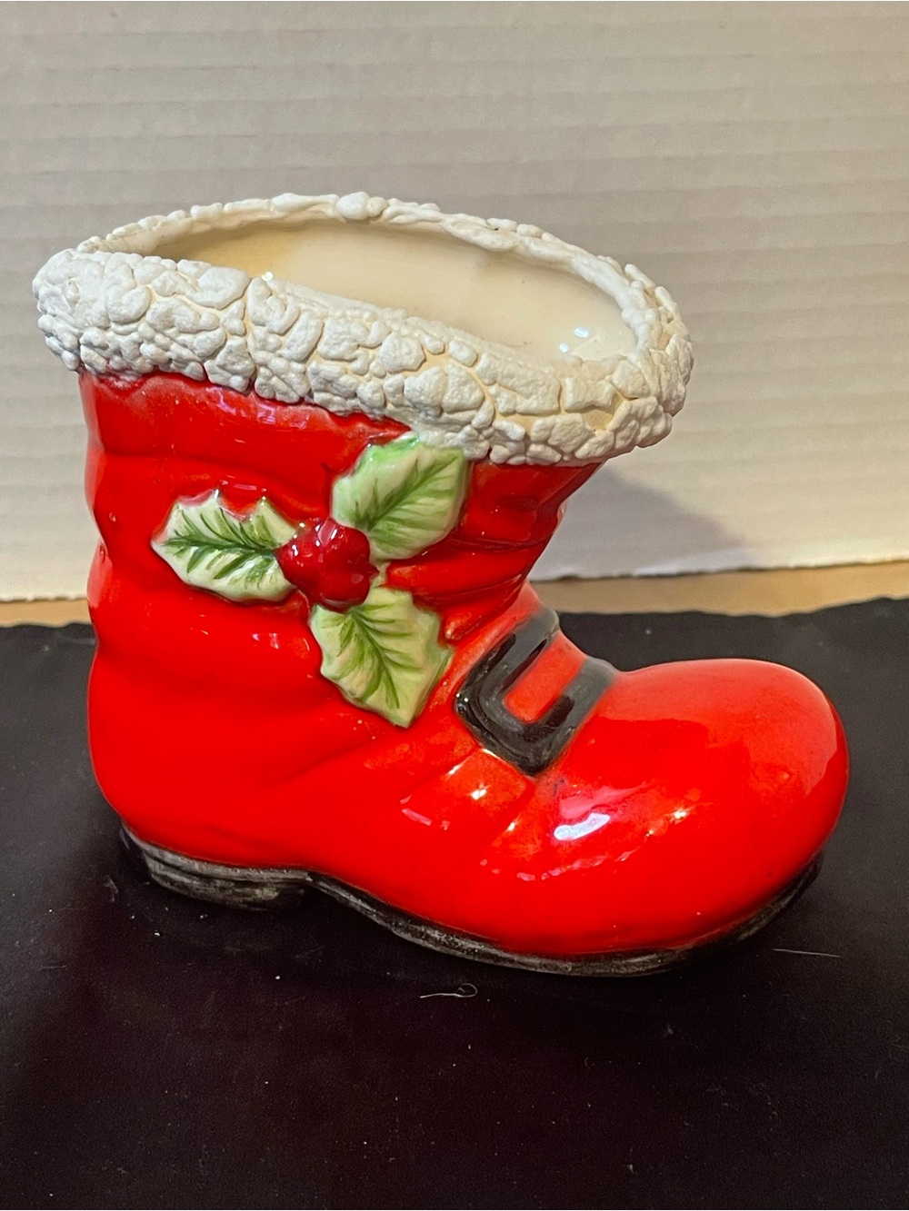 Hand Crafted Red Ceramic Holiday Boot Planter with Cream Cuff and Green Holly 4”